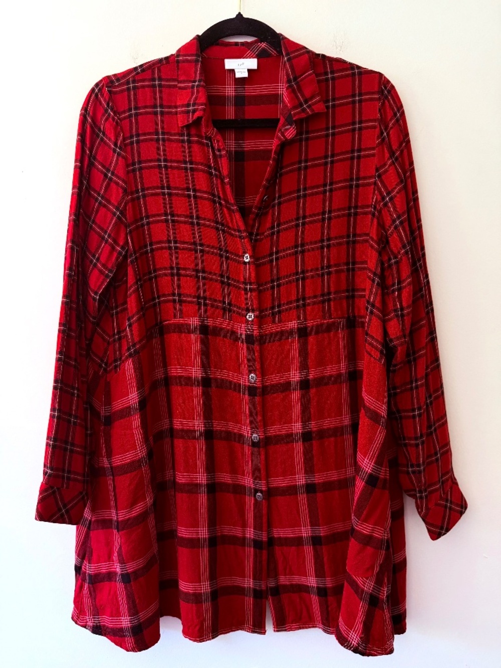 J. Jill Flannel Plaid Tunic A-Line Blouse Dual Pattern Button Front Long Line